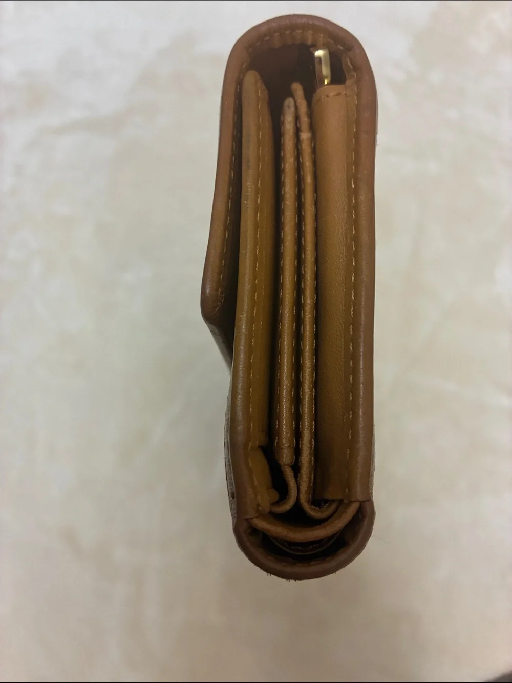 MCM Tan Cognac & Black Leather Visetos Trifold Wallet with Cream Stripe